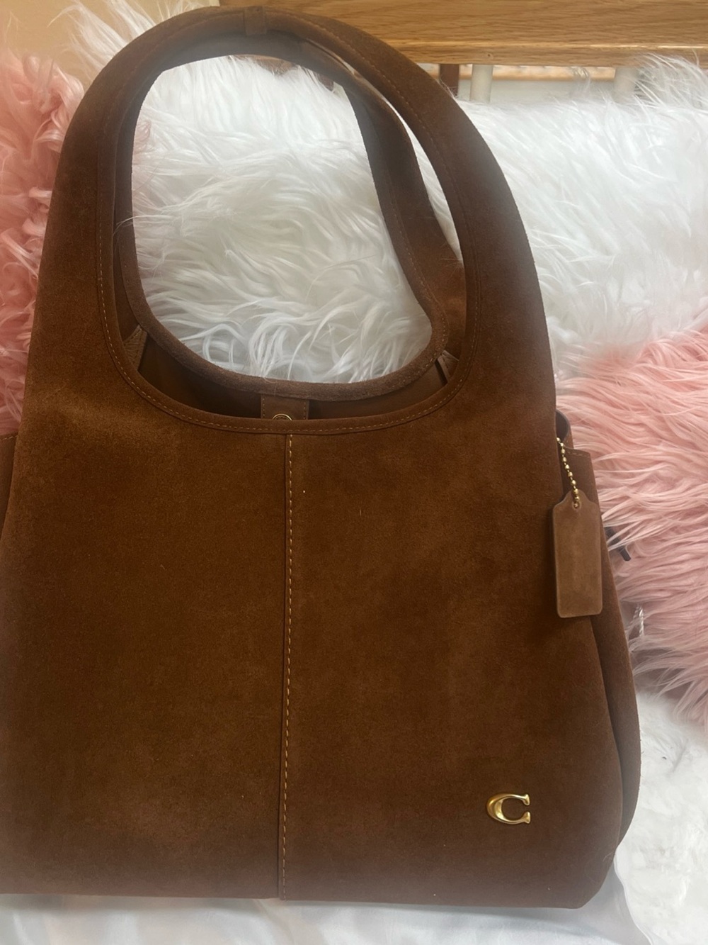 Coach Lana Brown Suede Shoulder Bag with Gold Hardware